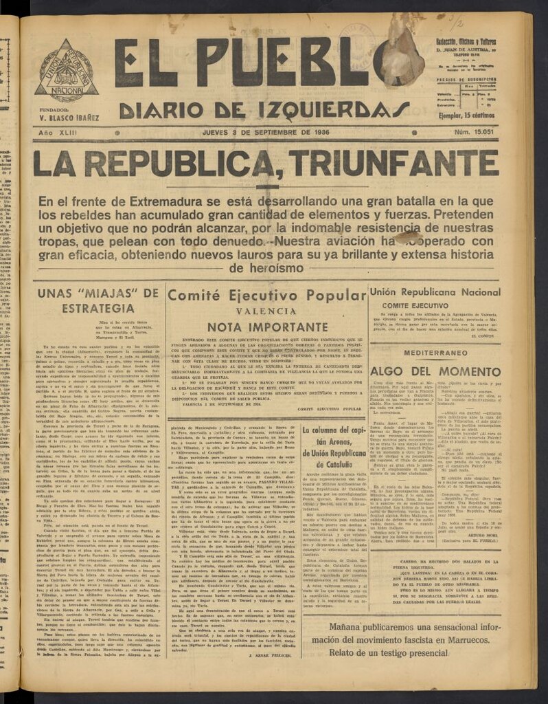 Miniatura de El Pueblo : Diario republicano de Valencia del 3 de septiembre de 1936, nº 15.051