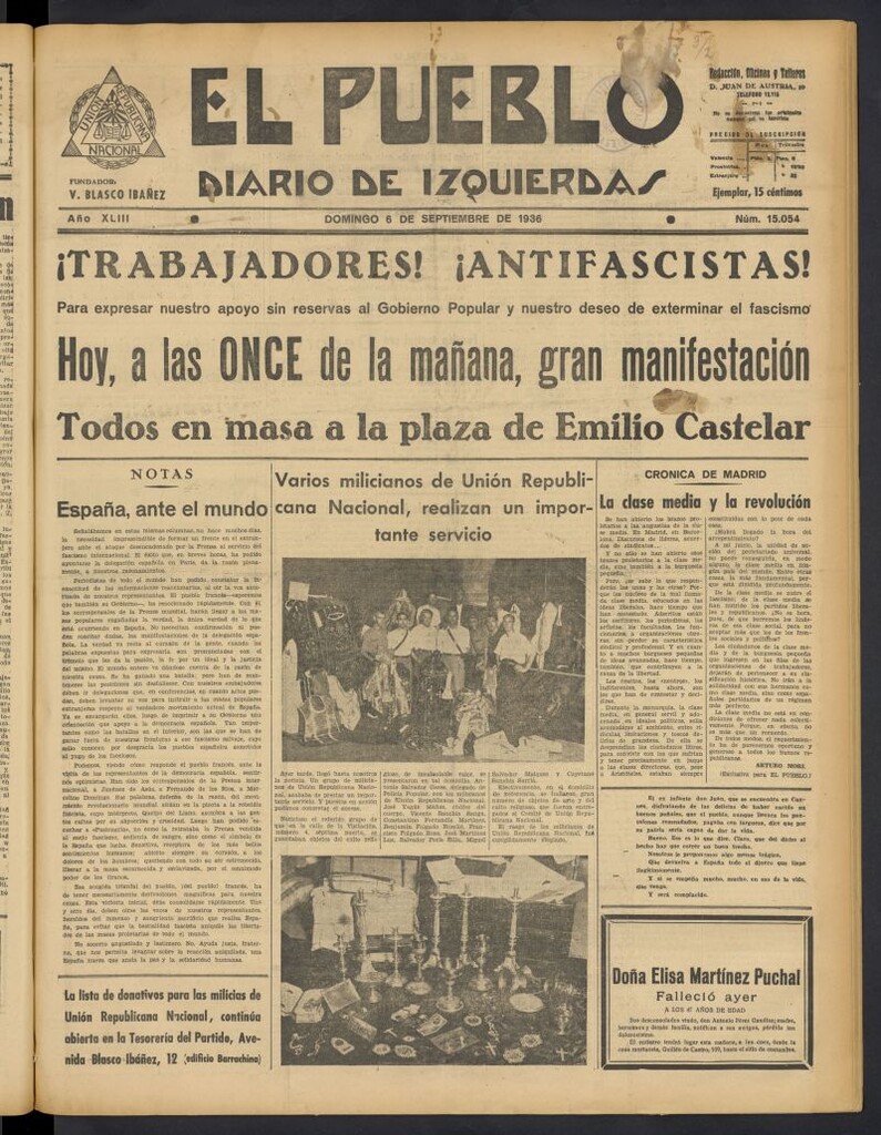 Miniatura de El Pueblo : Diario republicano de Valencia del 6 de septiembre de 1936, nº 15.054