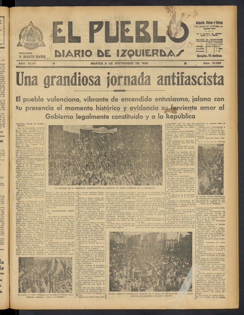Miniatura de El Pueblo : Diario republicano de Valencia del 8 de septiembre de 1936, nº 15.055