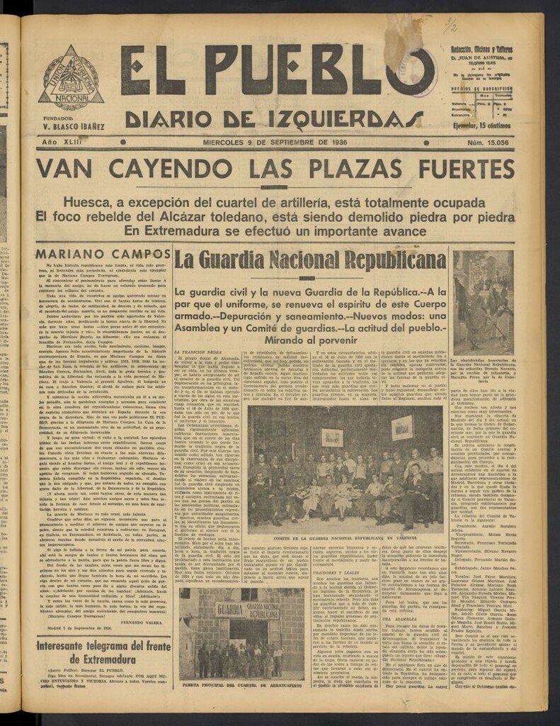 Miniatura de El Pueblo : Diario republicano de Valencia del 9 de septiembre de 1936, nº 15.056