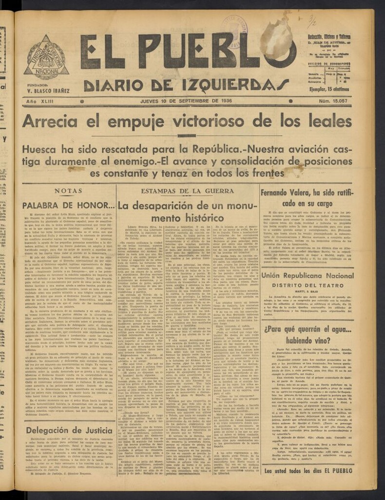 Miniatura de El Pueblo : Diario republicano de Valencia del 10 de septiembre de 1936, nº 15.057