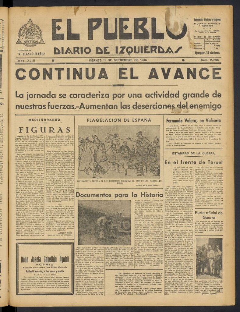 Miniatura de El Pueblo : Diario republicano de Valencia del 11 de septiembre de 1936, nº 15.058