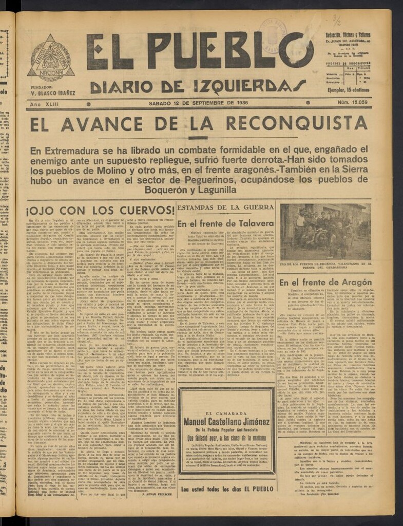 Miniatura de El Pueblo : Diario republicano de Valencia del 12 de septiembre de 1936, nº 15.059