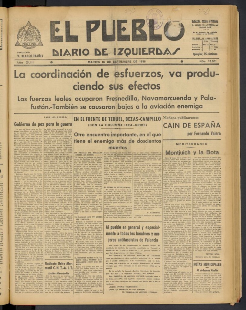 Miniatura de El Pueblo : Diario republicano de Valencia del 15 de septiembre de 1936, nº 15.061
