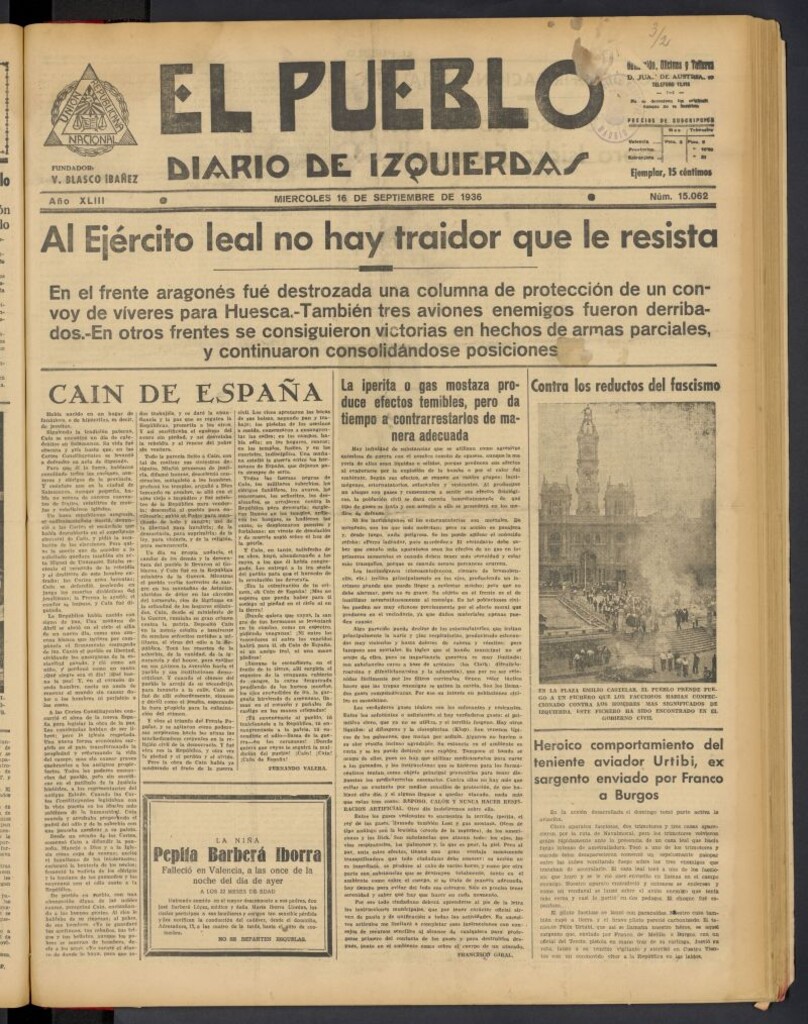 Miniatura de El Pueblo : Diario republicano de Valencia del 16 de septiembre de 1936, nº 15.062
