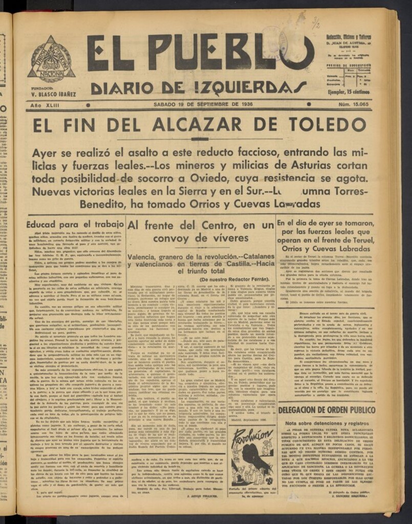 Miniatura de El Pueblo : Diario republicano de Valencia del 19 de septiembre de 1936, nº 15.065