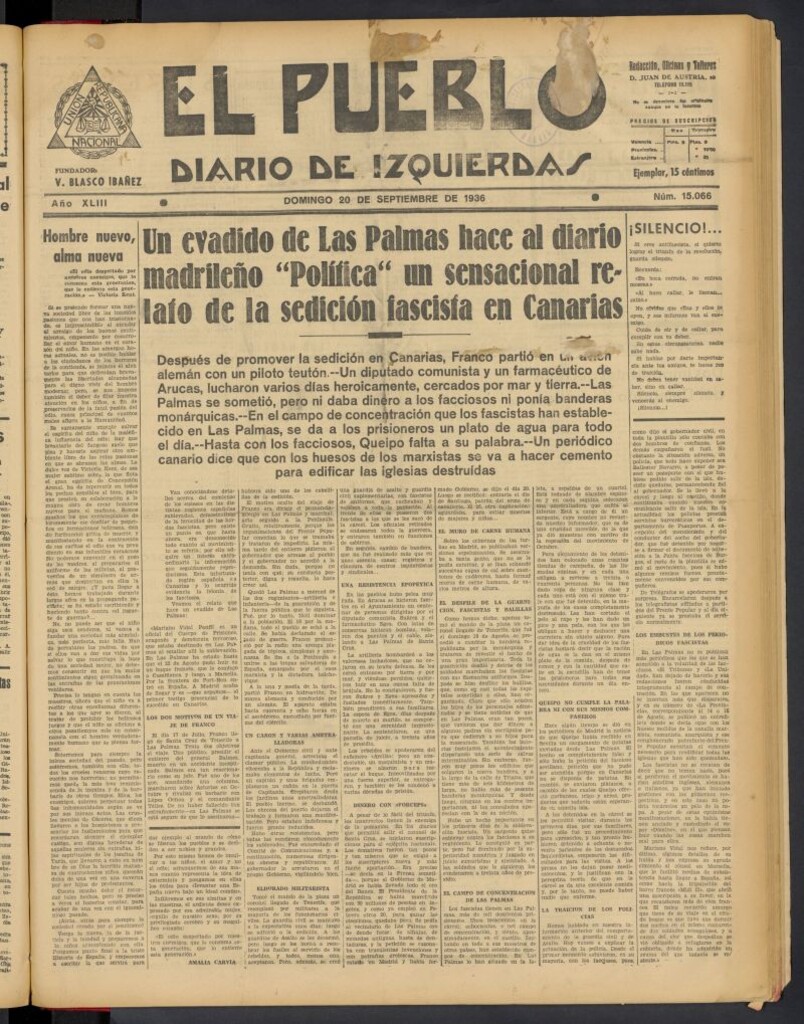 Miniatura de El Pueblo : Diario republicano de Valencia del 20 de septiembre de 1936, nº 15.066