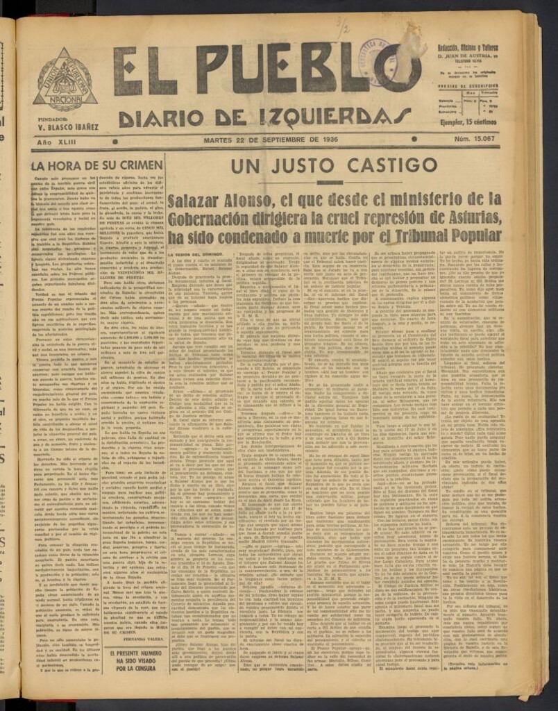 Miniatura de El Pueblo : Diario republicano de Valencia del 22 de septiembre de 1936, nº 15.067