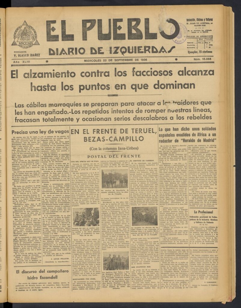 Miniatura de El Pueblo : Diario republicano de Valencia del 23 de septiembre de 1936, nº 15.068