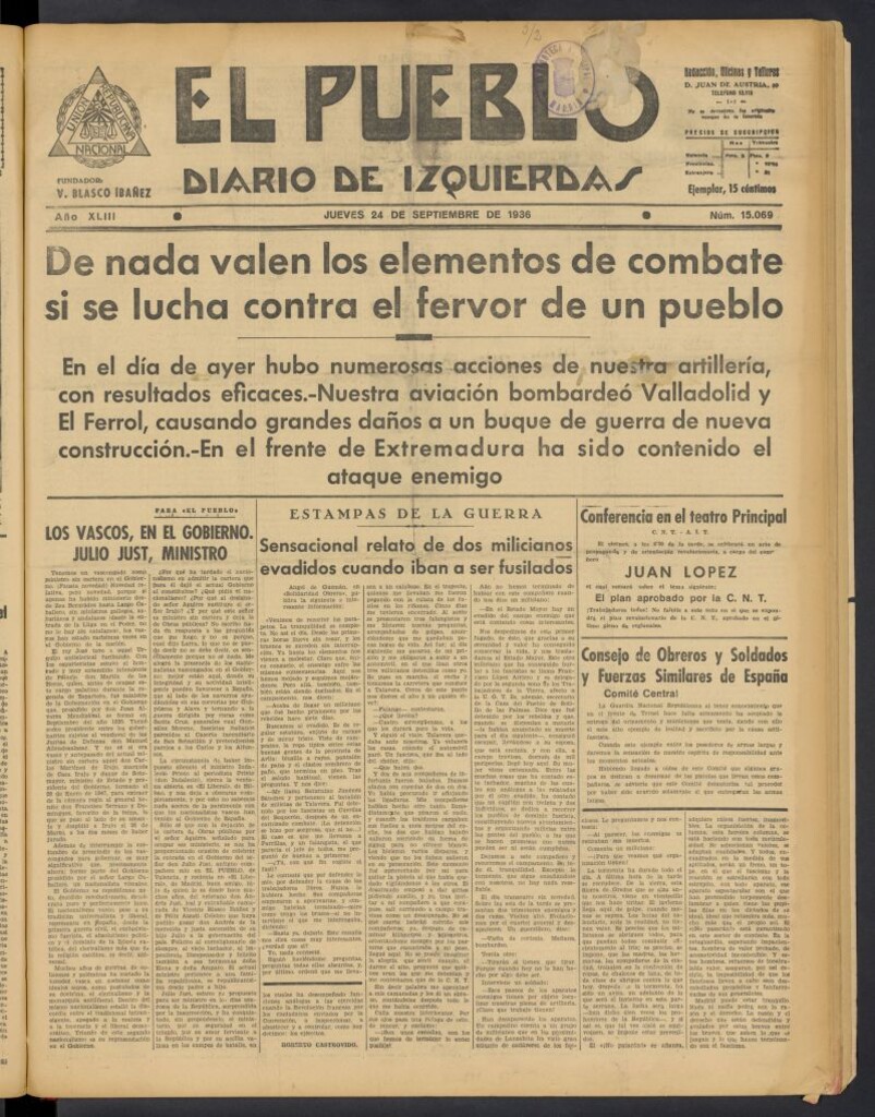 Miniatura de El Pueblo : Diario republicano de Valencia del 24 de septiembre de 1936, nº 15.069