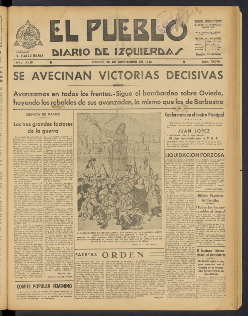 Miniatura de El Pueblo : Diario republicano de Valencia del 25 de septiembre de 1936, nº 15.070