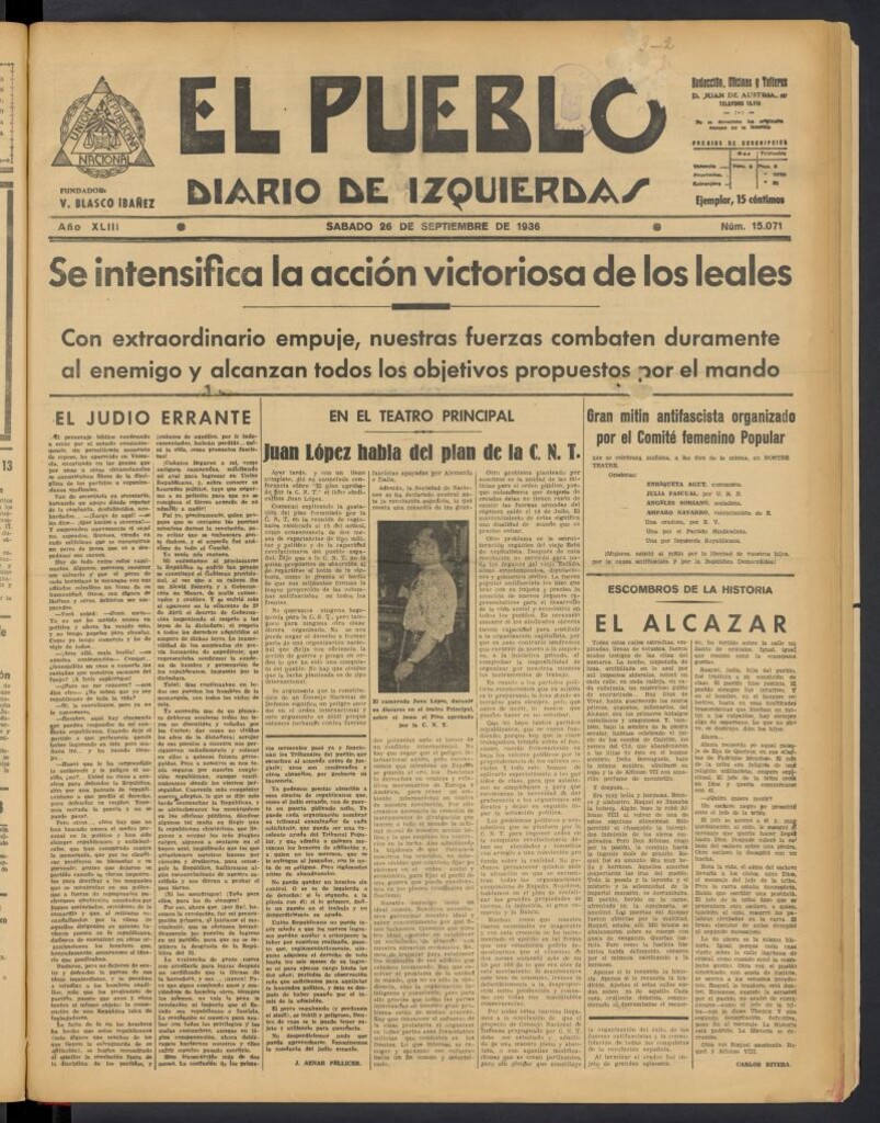 Miniatura de El Pueblo : Diario republicano de Valencia del 26 de septiembre de 1936, nº 15.071