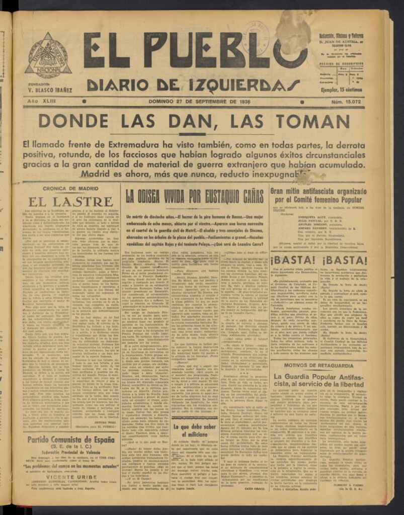 Miniatura de El Pueblo : Diario republicano de Valencia del 27 de septiembre de 1936, nº 15.072