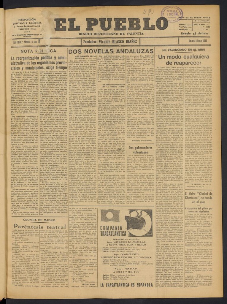Miniatura de El Pueblo : Diario republicano de Valencia del 2 de enero de 1936, nº 14.849
