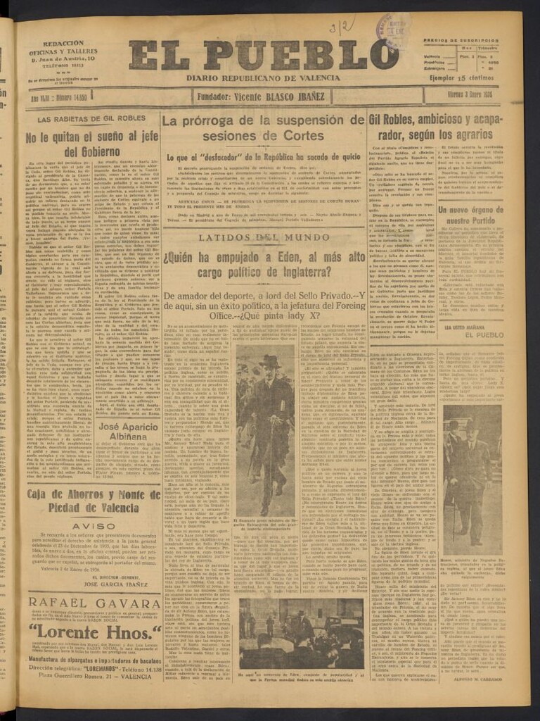 Miniatura de El Pueblo : Diario republicano de Valencia del 3 de enero de 1936, nº 14.850