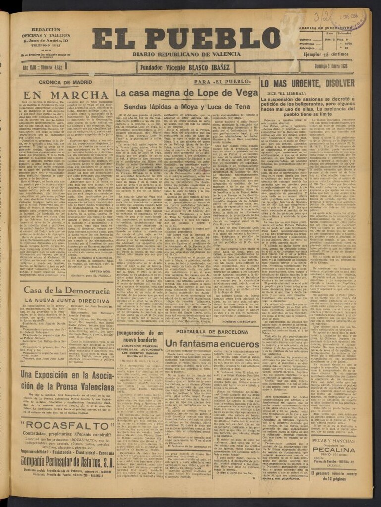Miniatura de El Pueblo : Diario republicano de Valencia del 5 de enero de 1936, nº 14.852