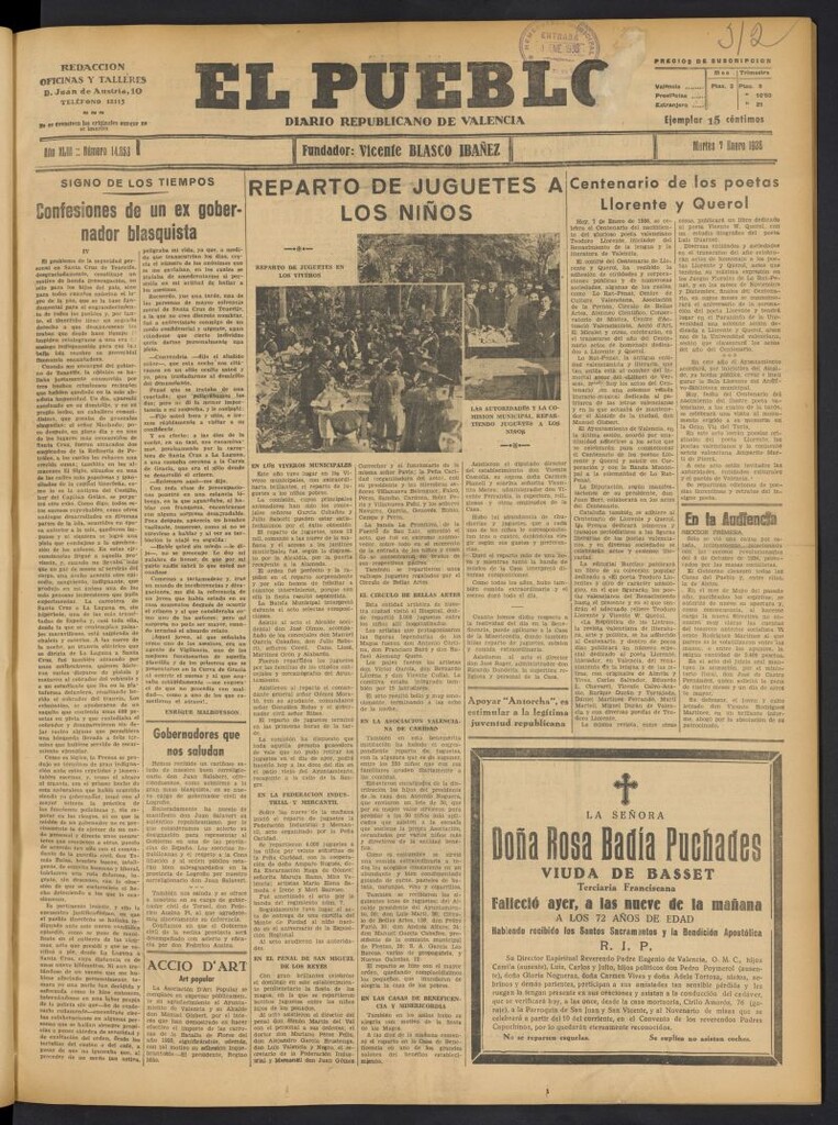 Miniatura de El Pueblo : Diario republicano de Valencia del 7 de enero de 1936, nº 14.853