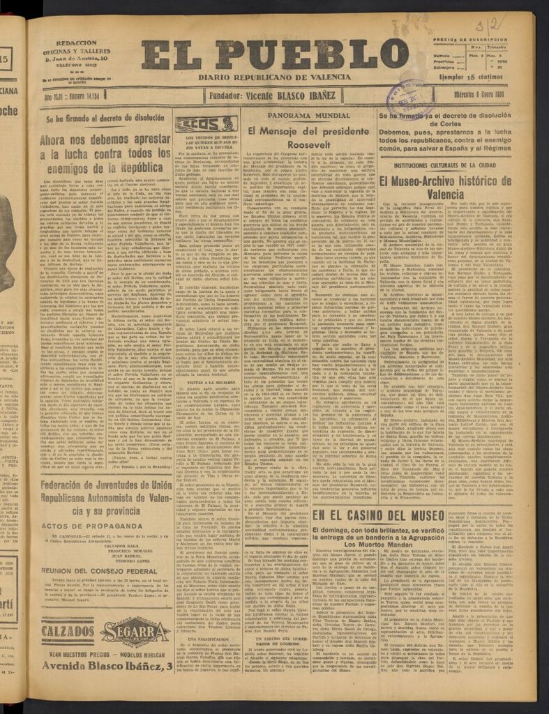 Miniatura de El Pueblo : Diario republicano de Valencia del 8 de enero de 1936, nº 14.854
