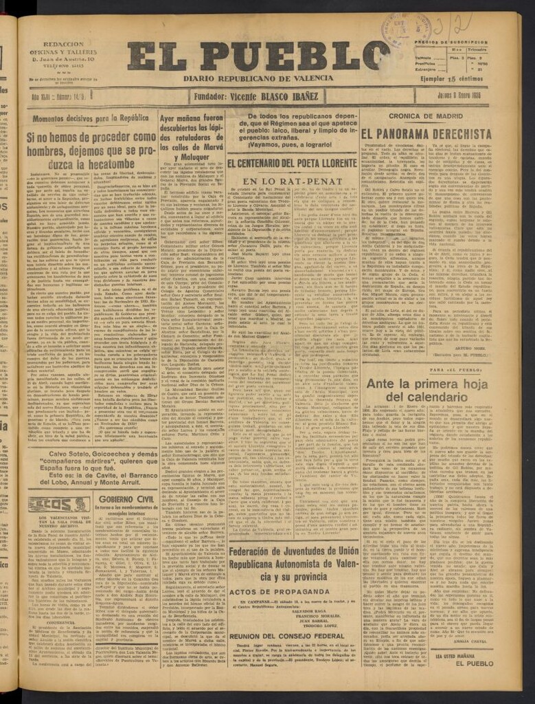 Miniatura de El Pueblo : Diario republicano de Valencia del 9 de enero de 1936, nº 14.855