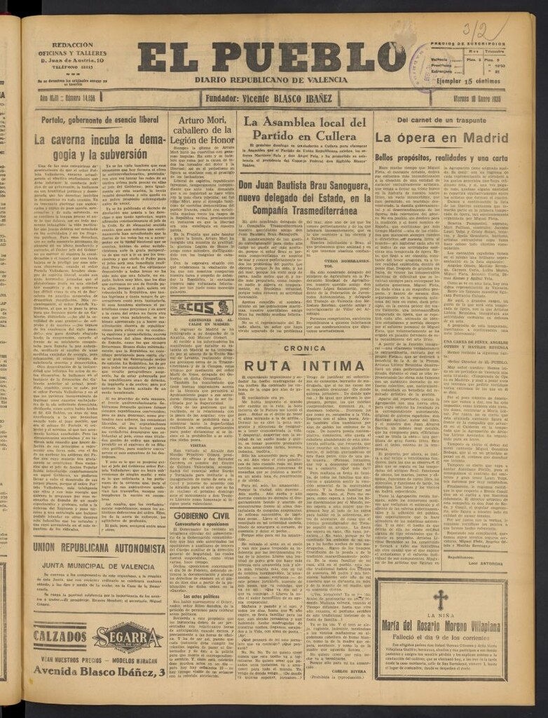 Miniatura de El Pueblo : Diario republicano de Valencia del 10 de enero de 1936, nº 14.856
