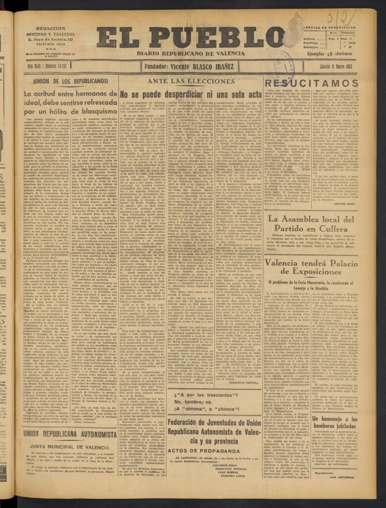 Miniatura de El Pueblo : Diario republicano de Valencia del 11 de enero de 1936, nº 14.857