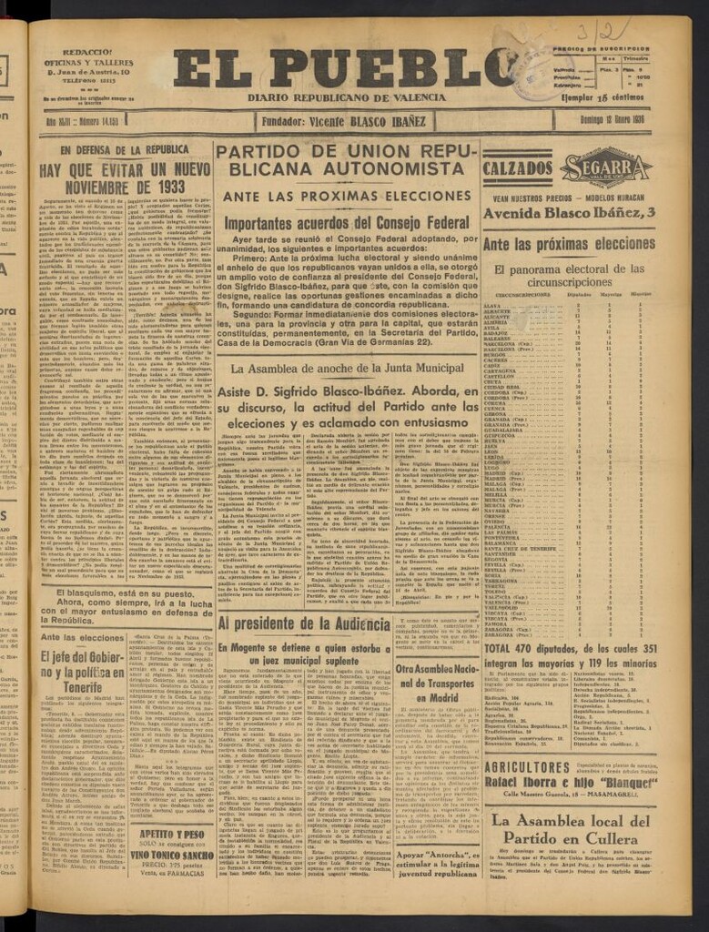 Miniatura de El Pueblo : Diario republicano de Valencia del 12 de enero de 1936, nº 14.858