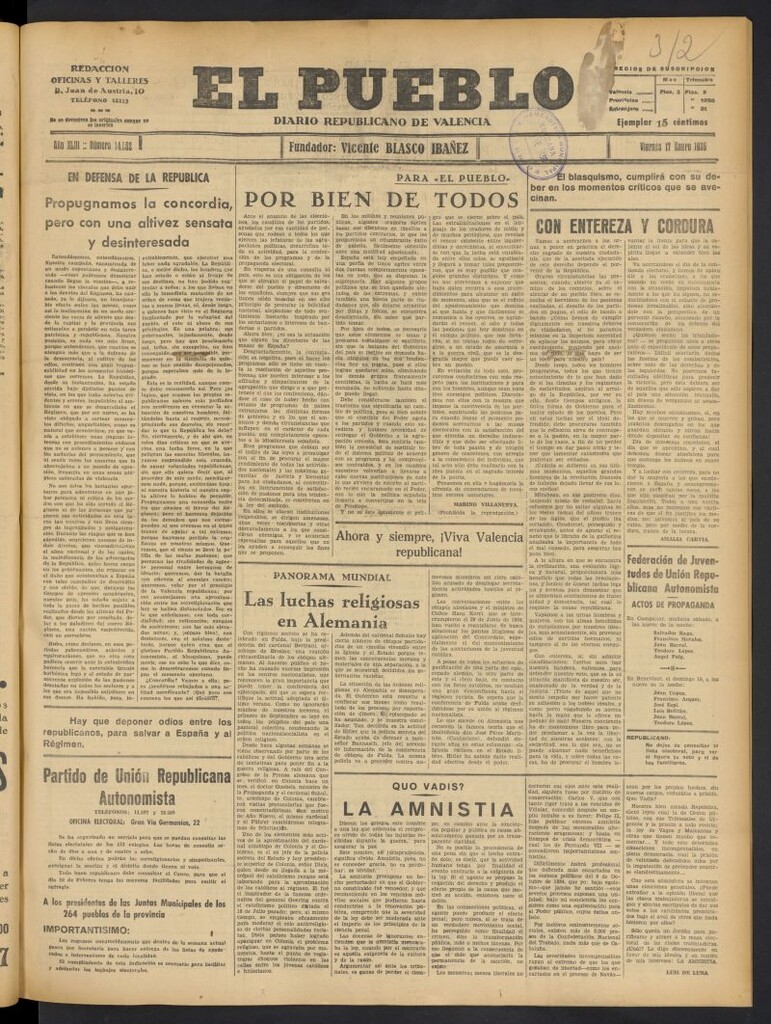 Miniatura de El Pueblo : Diario republicano de Valencia del 17 de enero de 1936, nº 14.862