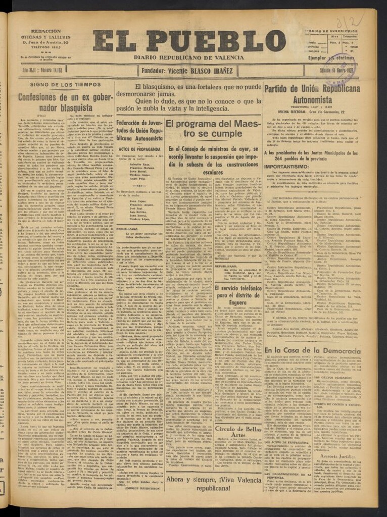 Miniatura de El Pueblo : Diario republicano de Valencia del 18 de enero de 1936, nº 14.863