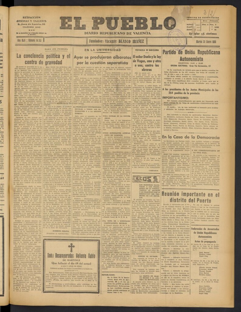 Miniatura de El Pueblo : Diario republicano de Valencia del 21 de enero de 1936, nº 14.865