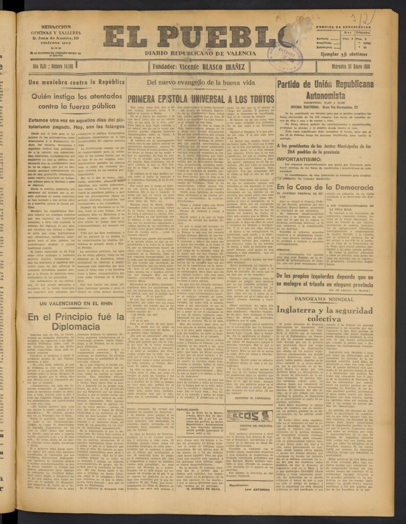 Miniatura de El Pueblo : Diario republicano de Valencia del 22 de enero de 1936, nº 14.866