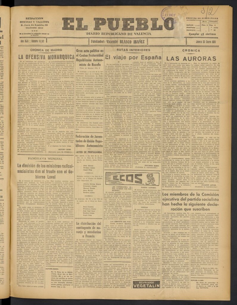 Miniatura de El Pueblo : Diario republicano de Valencia del 23 de enero de 1936, nº 14.867
