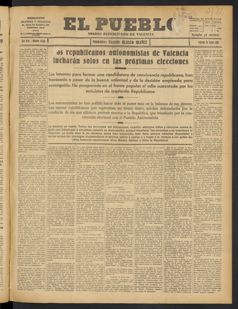 Miniatura de El Pueblo : Diario republicano de Valencia del 24 de enero de 1936, nº 14.868