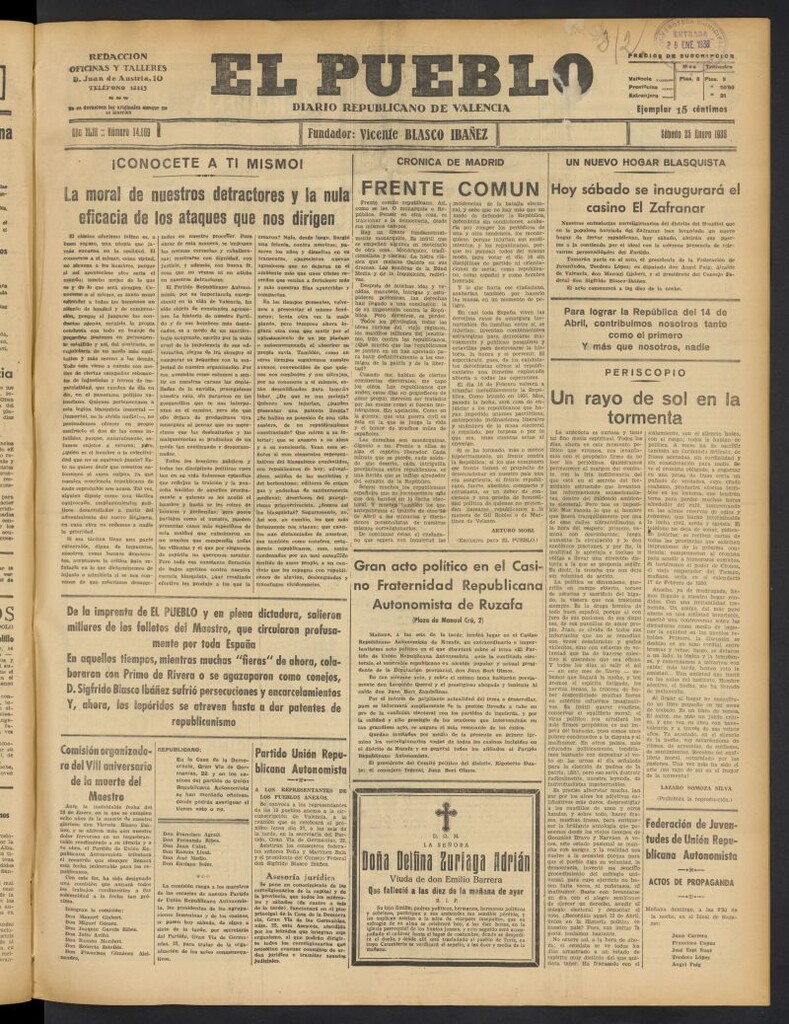 Miniatura de El Pueblo : Diario republicano de Valencia del 25 de enero de 1936, nº 14.869
