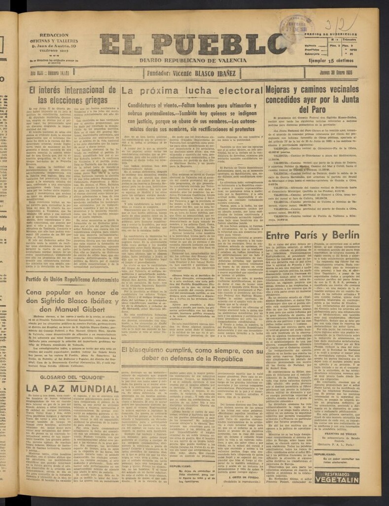 Miniatura de El Pueblo : Diario republicano de Valencia del 30 de enero de 1936, nº 14.873