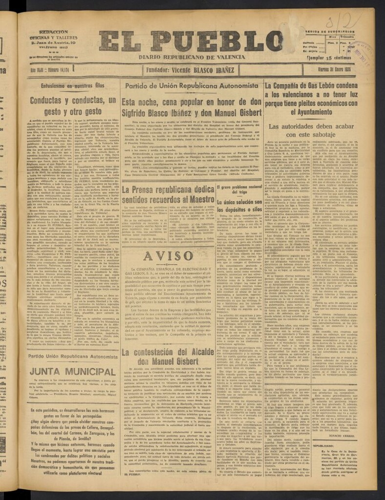 Miniatura de El Pueblo : Diario republicano de Valencia del 31 de enero de 1936, nº 14.874