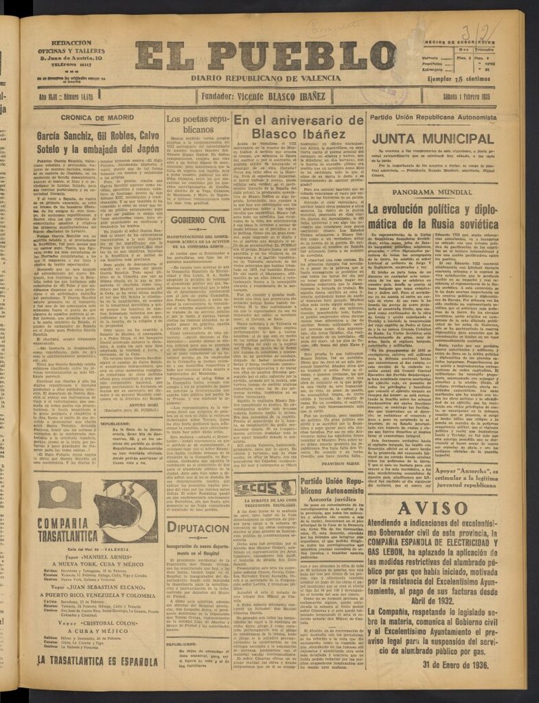 Miniatura de El Pueblo : Diario republicano de Valencia del 1 de febrero de 1936, nº 14.875