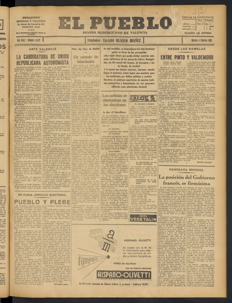 Miniatura de El Pueblo : Diario republicano de Valencia del 4 de febrero de 1936, nº 14.877