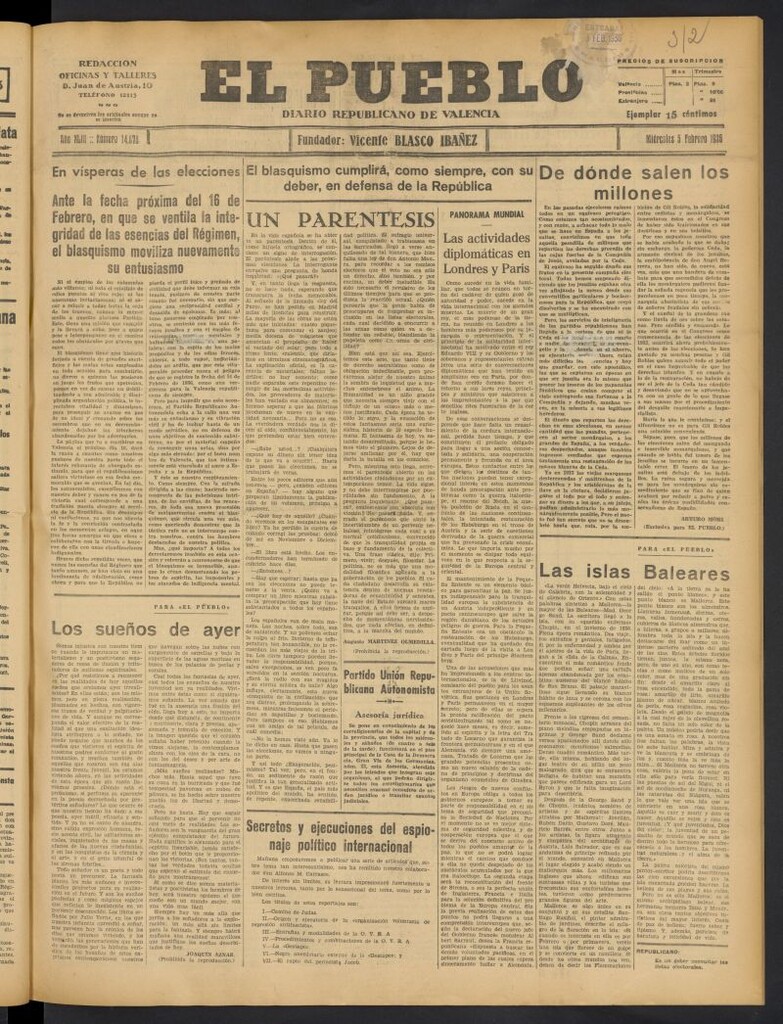 Miniatura de El Pueblo : Diario republicano de Valencia del 5 de febrero de 1936, nº 14.878