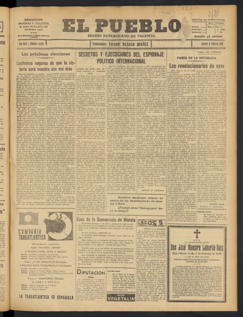 Miniatura de El Pueblo : Diario republicano de Valencia del 6 de febrero de 1936, nº 14.879