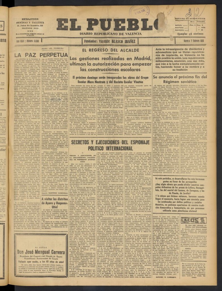 Miniatura de El Pueblo : Diario republicano de Valencia del 7 de febrero de 1936, nº 14.880