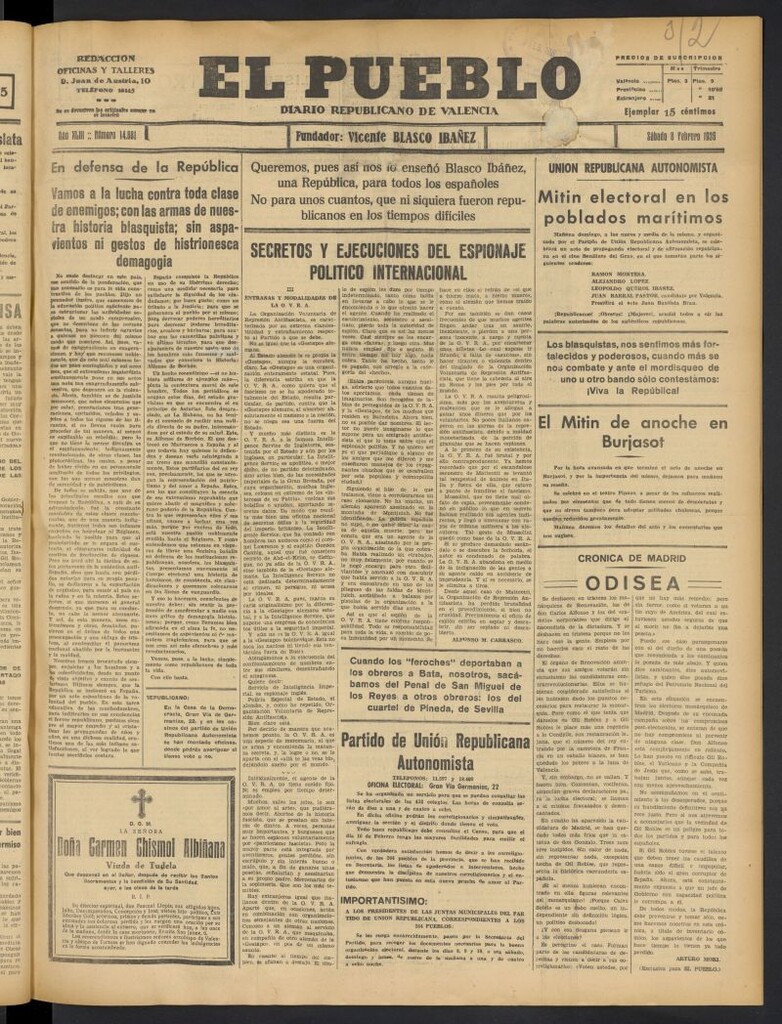 Miniatura de El Pueblo : Diario republicano de Valencia del 8 de febrero de 1936, nº 14.881
