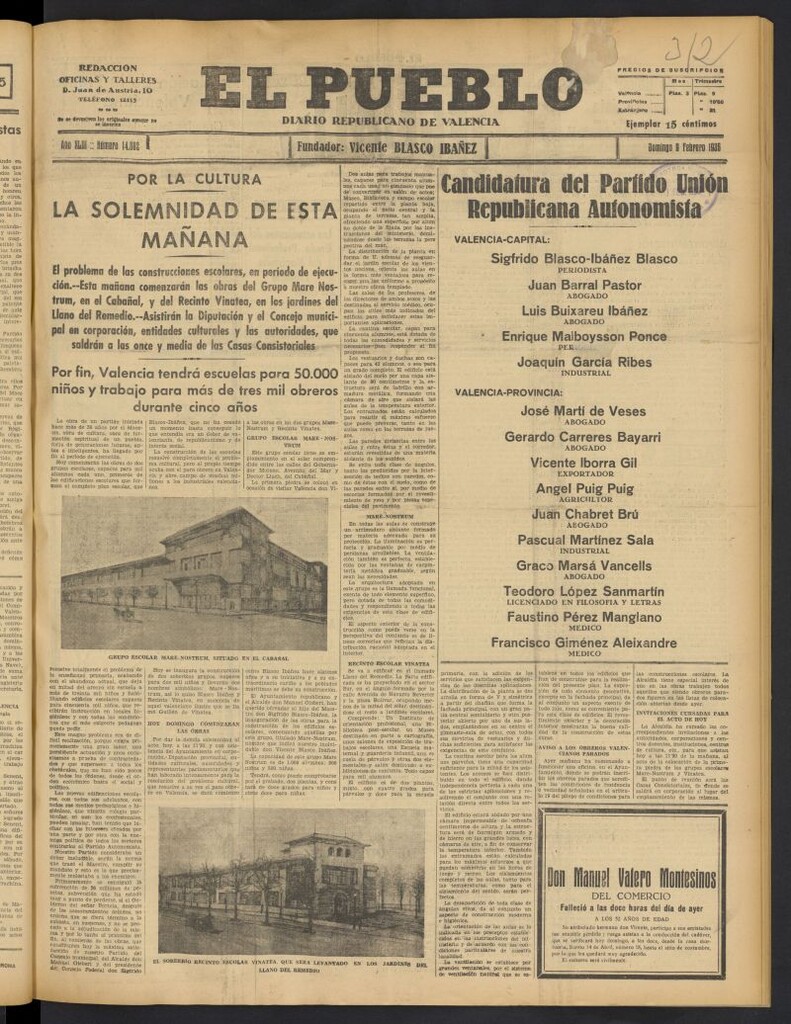 Miniatura de El Pueblo : Diario republicano de Valencia del 9 de febrero de 1936, nº 14.882