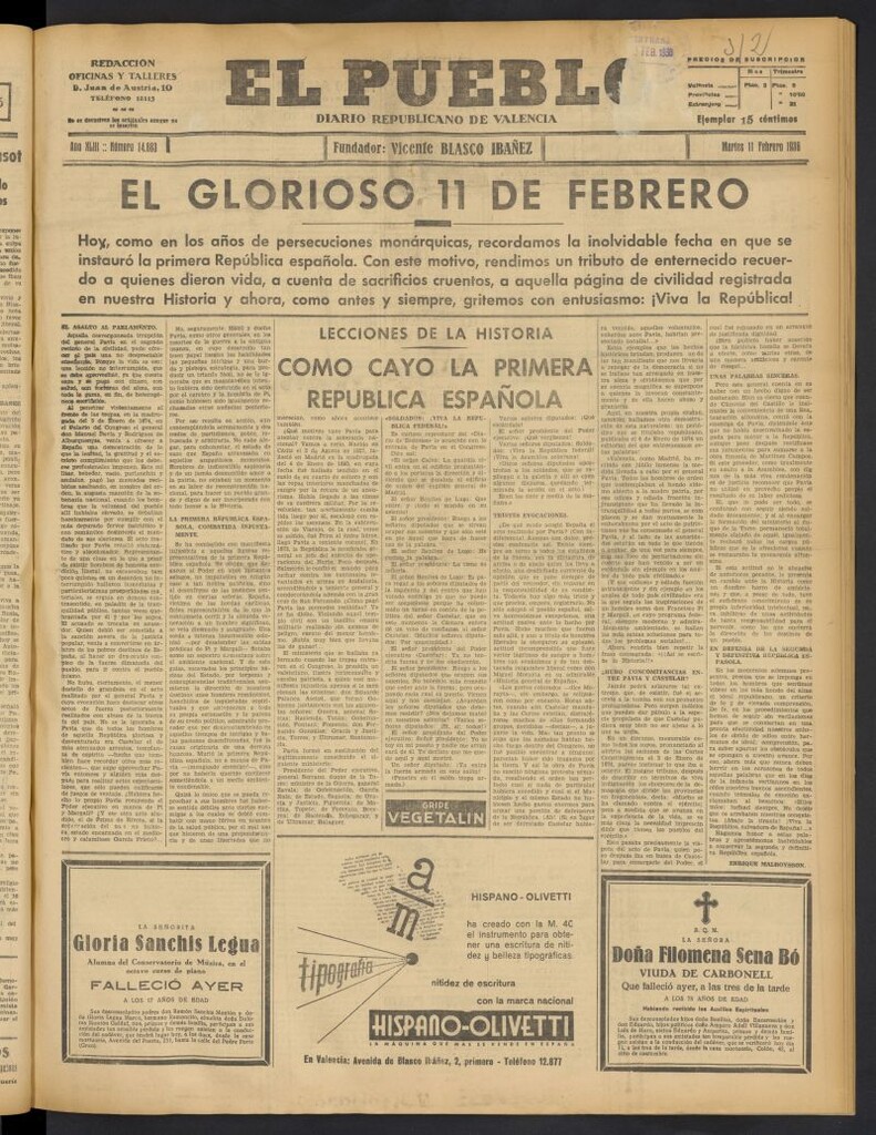 Miniatura de El Pueblo : Diario republicano de Valencia del 11 de febrero de 1936, nº 14.883