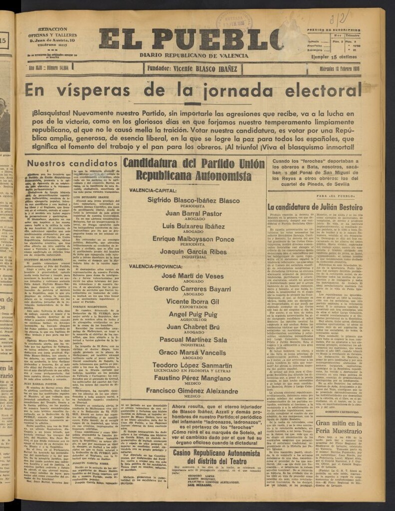 Miniatura de El Pueblo : Diario republicano de Valencia del 12 de febrero de 1936, nº 14.884
