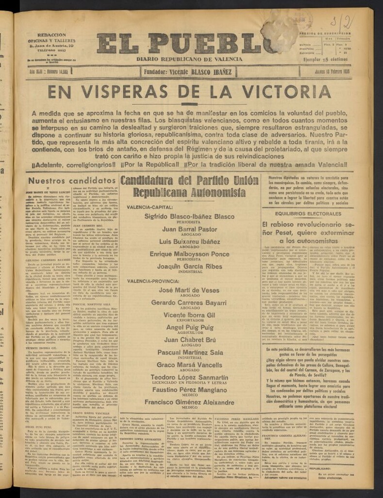 Miniatura de El Pueblo : Diario republicano de Valencia del 13 de febrero de 1936, nº 14.885