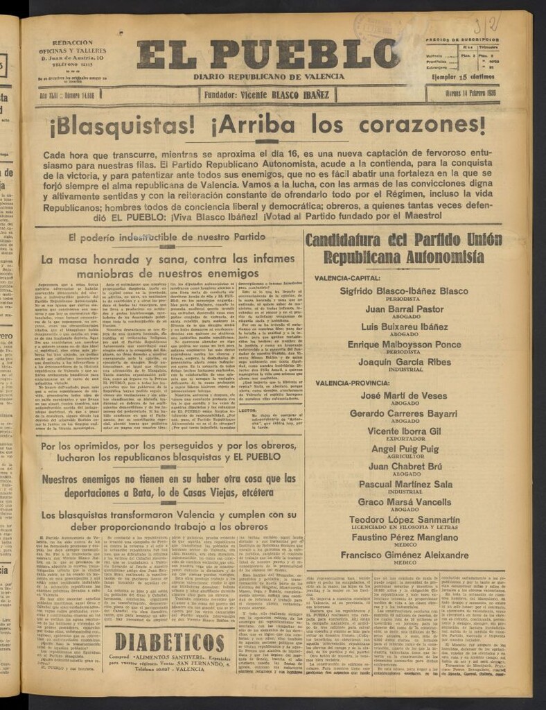 Miniatura de El Pueblo : Diario republicano de Valencia del 14 de febrero de 1936, nº 14.886