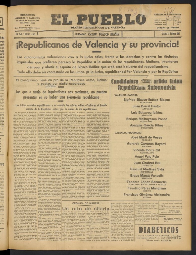 Miniatura de El Pueblo : Diario republicano de Valencia del 15 de febrero de 1936, nº 14.887