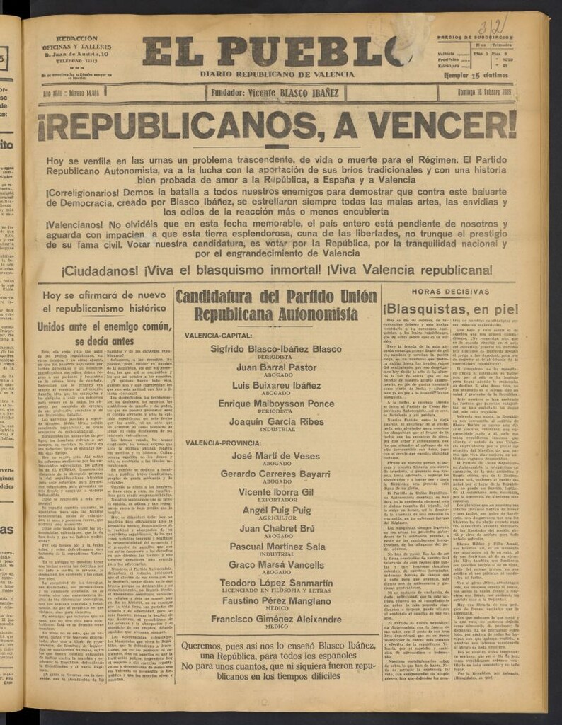 Miniatura de El Pueblo : Diario republicano de Valencia del 16 de febrero de 1936, nº 14.888