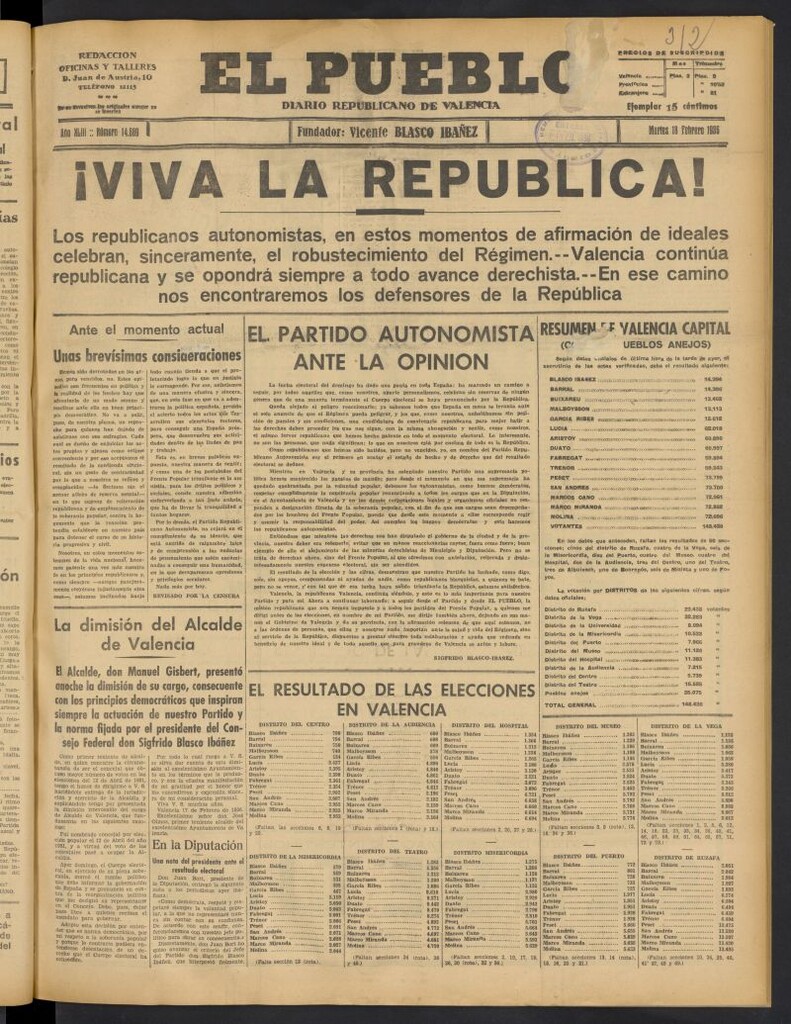 Miniatura de El Pueblo : Diario republicano de Valencia del 18 de febrero de 1936, nº 14.889