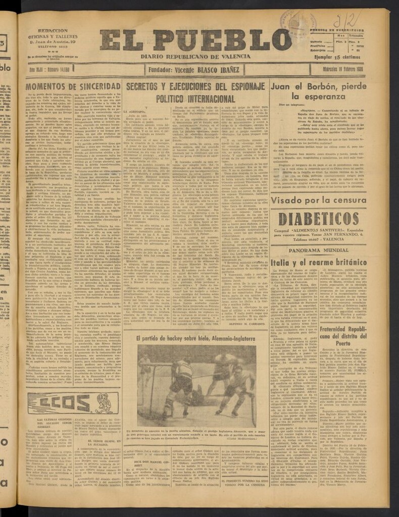 Miniatura de El Pueblo : Diario republicano de Valencia del 19 de febrero de 1936, nº 14.890
